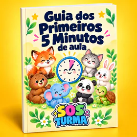 Capa do Guia dos Primeiros 5 Minutos de aula, com um relógio e os bichinhos do kit