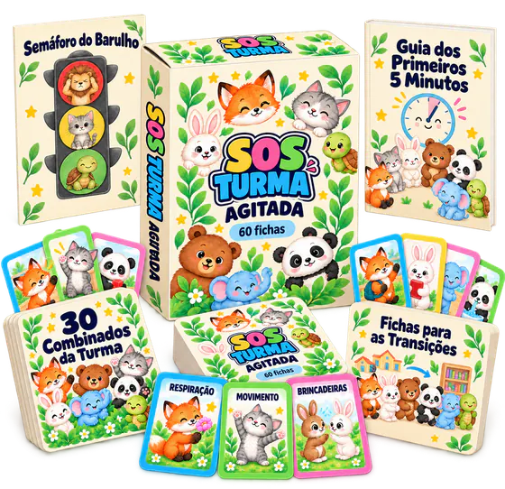 Plano Completo do Kit SOS Turma Agitada: a caixa com as 60 fichas e os 4 bônus, o Guia dos Primeiros 5 Minutos, o Semáforo do Barulho, as Fichas para as Transições e os 30 Combinados da Turma